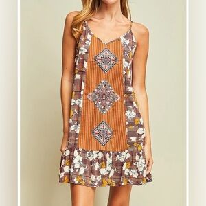 NEW! ENTRO Boho Embroidered Aztec Floral Plaid Print Ruffle Dress Tunic Tank Top